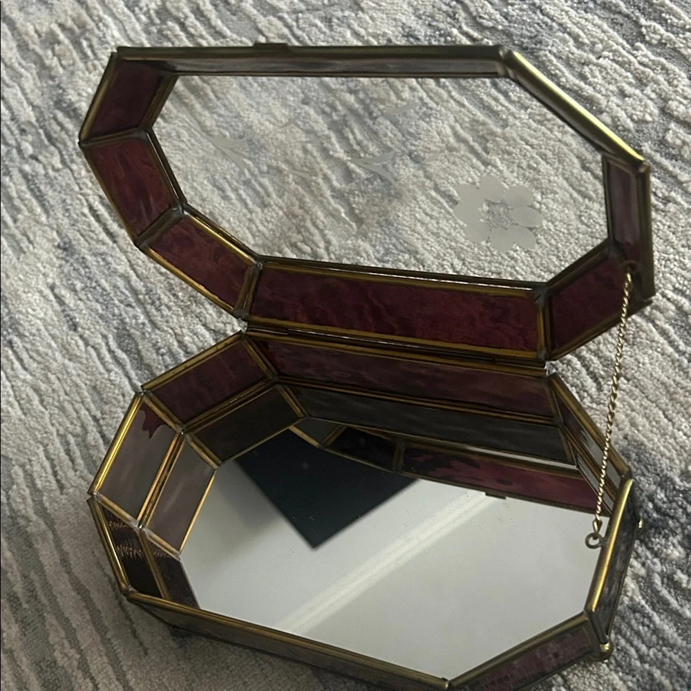Vintage Handcrafted Stained Glass Jewelry Box | Mauve & Brass Etched Floral